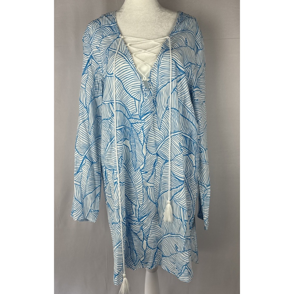 Charlie Holiday Cover Up Size M Blue & White The Coco Hooded Tropical Size 6